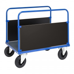 Kongamek Plattformwagen in blau 1200x800x900mm mit verzinkter Ladefläche und 2 stirnseitigen Wänden mit Gummibereifung und Bremse