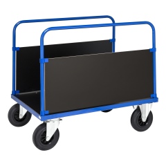 Kongamek Plattformwagen in blau 1000x700x900mm mit MDF-Platte und 2 stirnseitigen Wänden mit Gummibereifung ohne Bremse