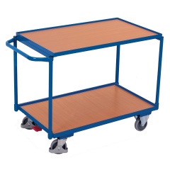 VARIOfit Tischwagen mit Schiebegriff in blau und 2 Ladeflächen im Buchedekor